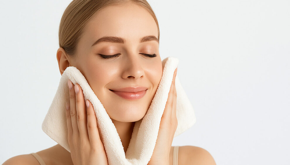 Ženska izvaja nega obraza z uporabo mehke brisače po čiščenju kože.