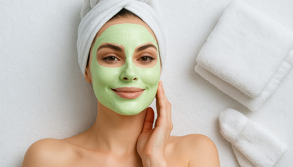 Ženska z zeleno glineno DIY maska za obraz in brisačo na glavi med naravno nego kože doma.