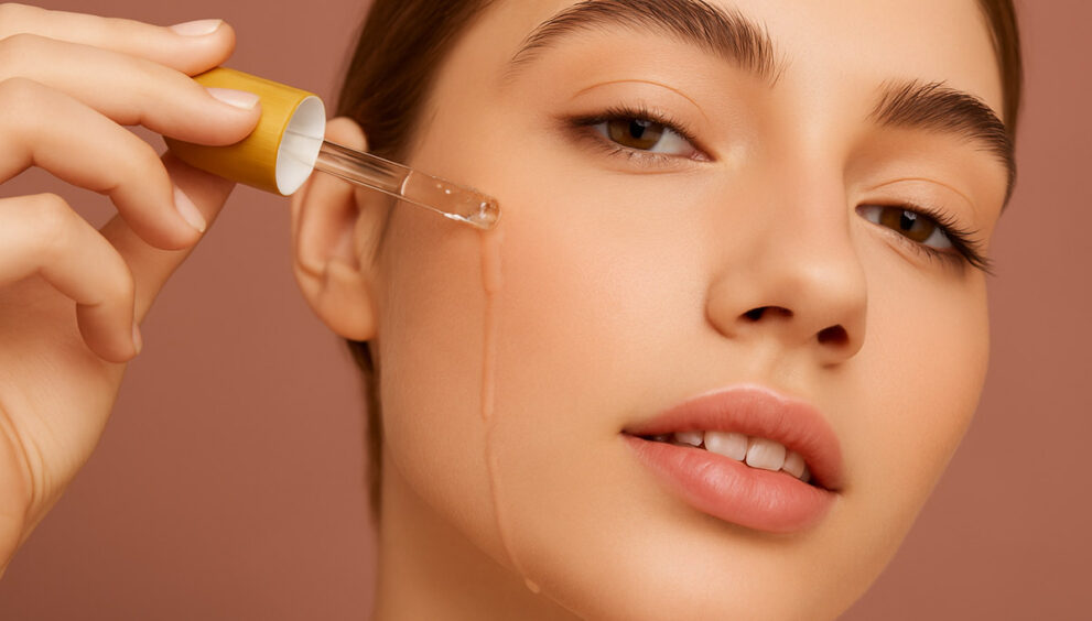 Ženska nanaša serum na obraz s pipeto – prikaz pravilne uporabe izdelka z retinol za začetnike v večerni negovalni rutini.