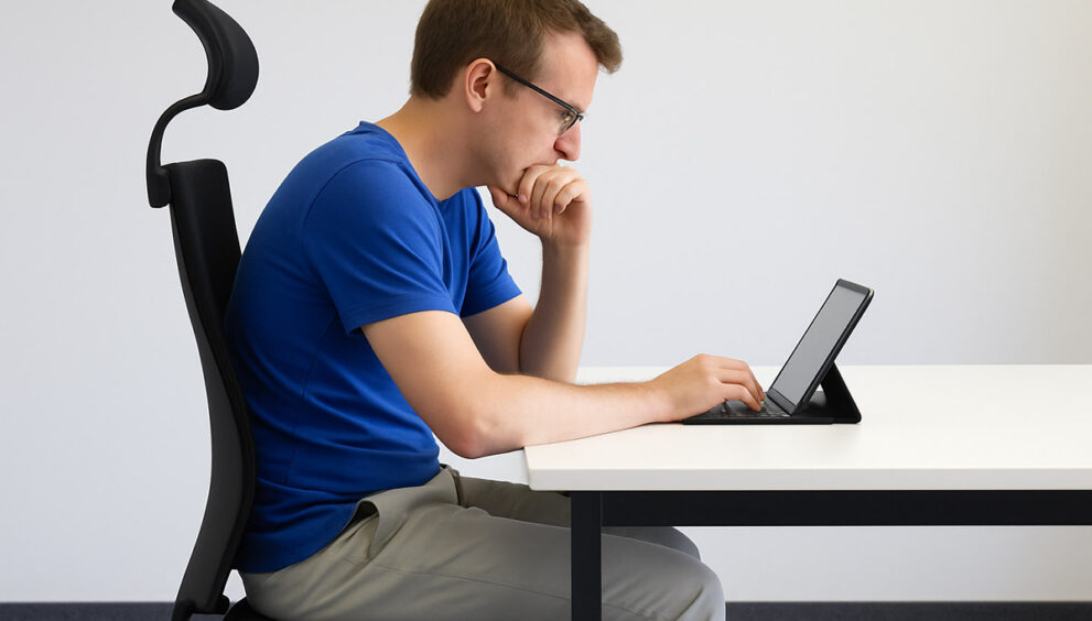 Moški sedi za mizo v pisarni in uporablja prenosnik, s sključeno hrbtenico brez podpore – primer napačne postavitve, kjer manjka pravilna drža.