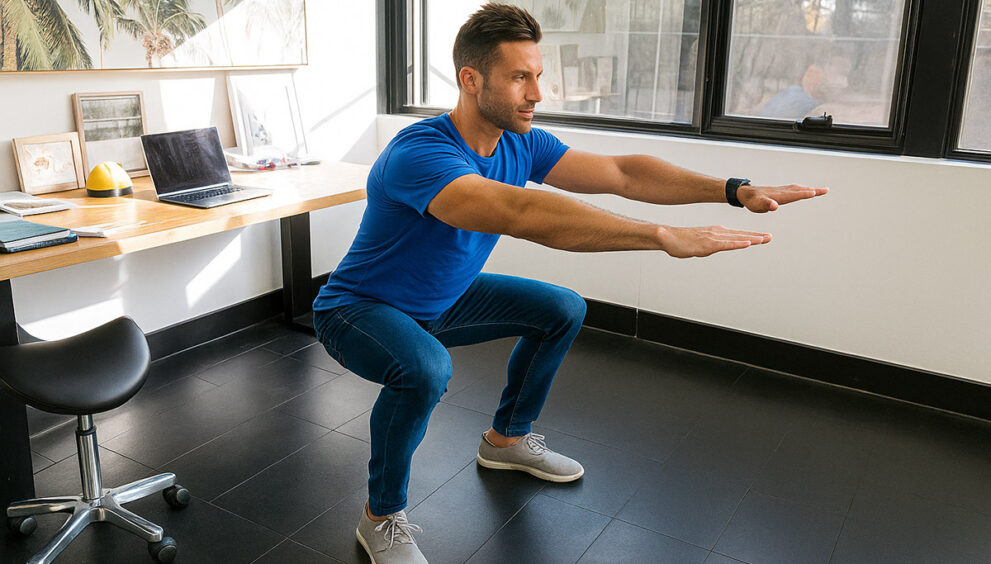 Moški izvaja vaje v pisarni ob mizi z računalnikom in naravno svetlobo v ozadju