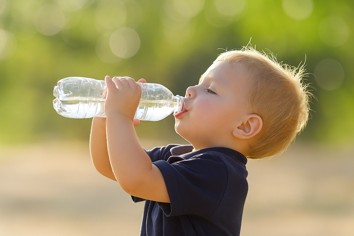 Otrok pije plastenko z vodo za telo na sončen dan