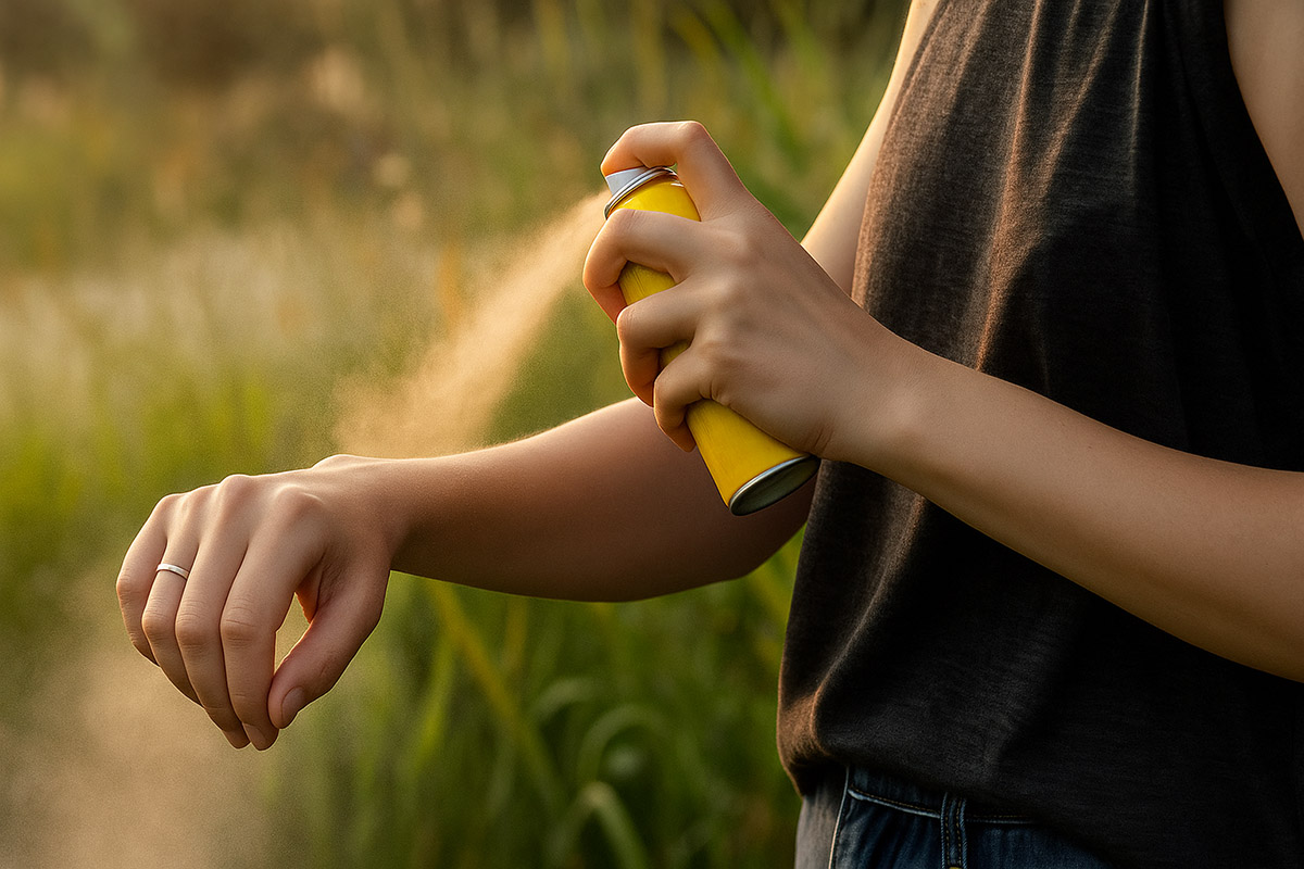 Oseba razpršuje naravna zaščita pred komarji in klopi na roko med bivanjem v naravi.