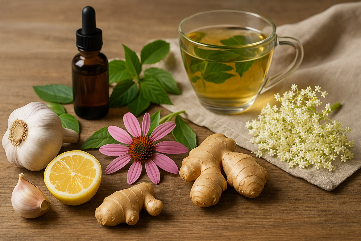 Skodelica zeliščnega čaja z listi melise, obkrožena z ehinacejo, bezgovimi cvetovi, česnom, ingverjem, limono in stekleničko tinkture na leseni mizi.