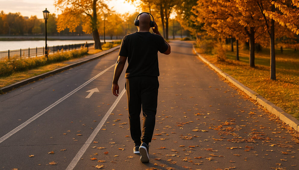 Moški med jesensko hojo ob reki, z glasbo v slušalkah – vsakodnevna hoja za zdravje in dobro počutje.
