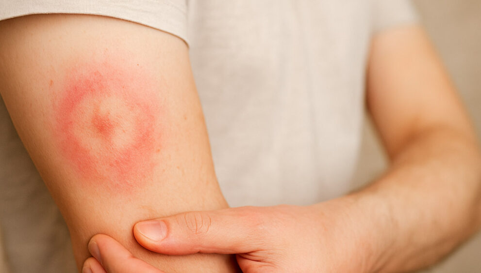 Rdeča, vneta koža na nadlahti z značilnim obročastim pikom, medtem ko si oseba z roko drži prizadeto mesto – primer za zdravljenje pikov.