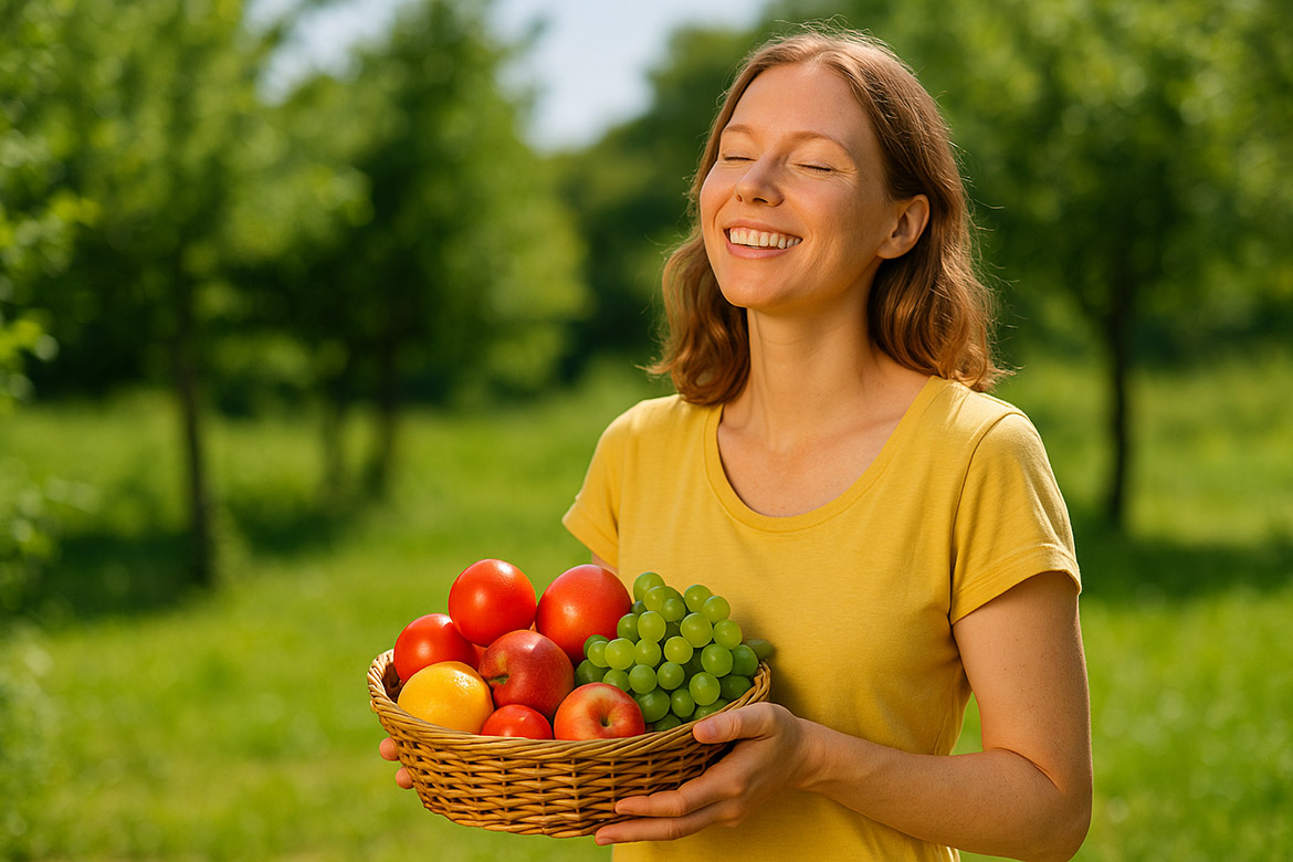 Ženska na poletnem vrtu s košaro sadja kot simbol naravne krepitve imunskega sistema.