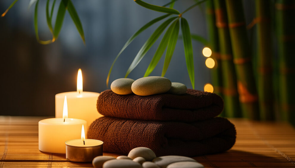 Sproščujoče okolje z brisačami, prižganimi svečami in kamni v mirni atmosferi bambusovega ozadja – del večernega rituala za sprostitev.