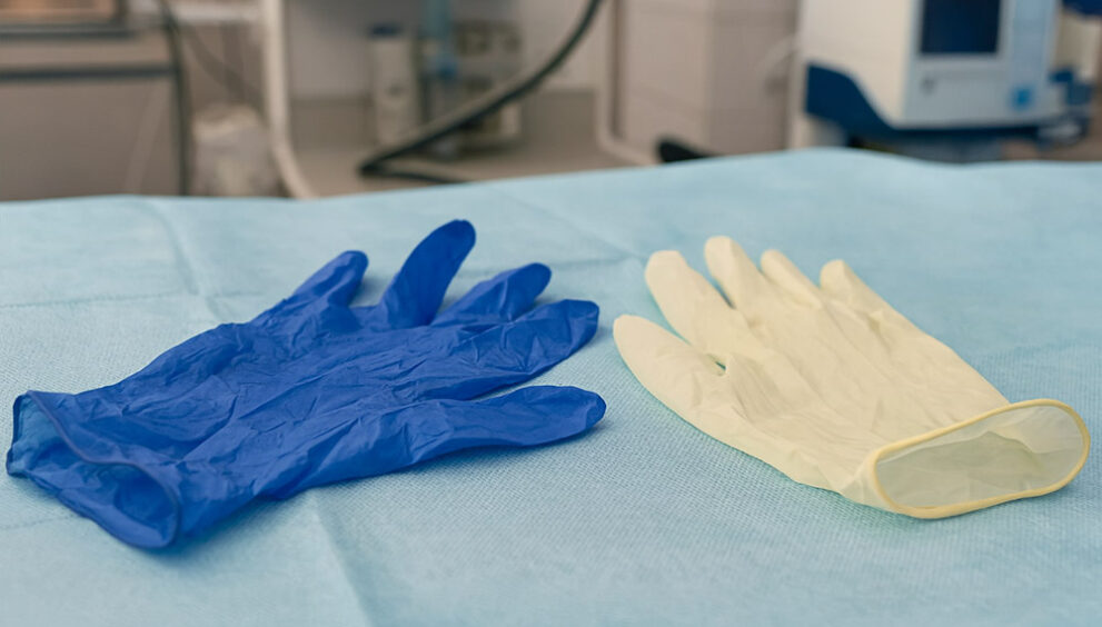 Modra in bela zaščitne rokavice za enkratno uporabo položeni na mizo v medicinskem prostoru, pripravljeni za uporabo pri zdravstvenih postopkih.
