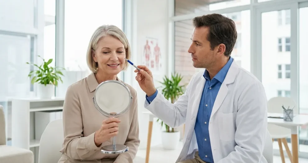 Estetski strokovnjak in pacientka se pogovarjata v sodobni in svetli ambulanti o možnostih pomlajevanja.