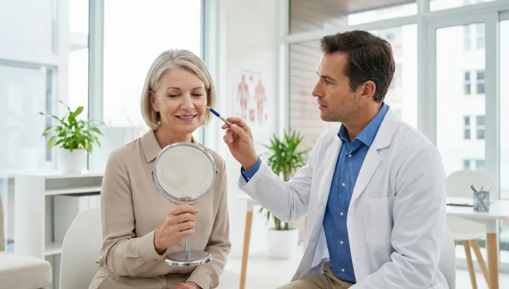 Estetski strokovnjak in pacientka se pogovarjata v sodobni in svetli ambulanti o možnostih pomlajevanja.