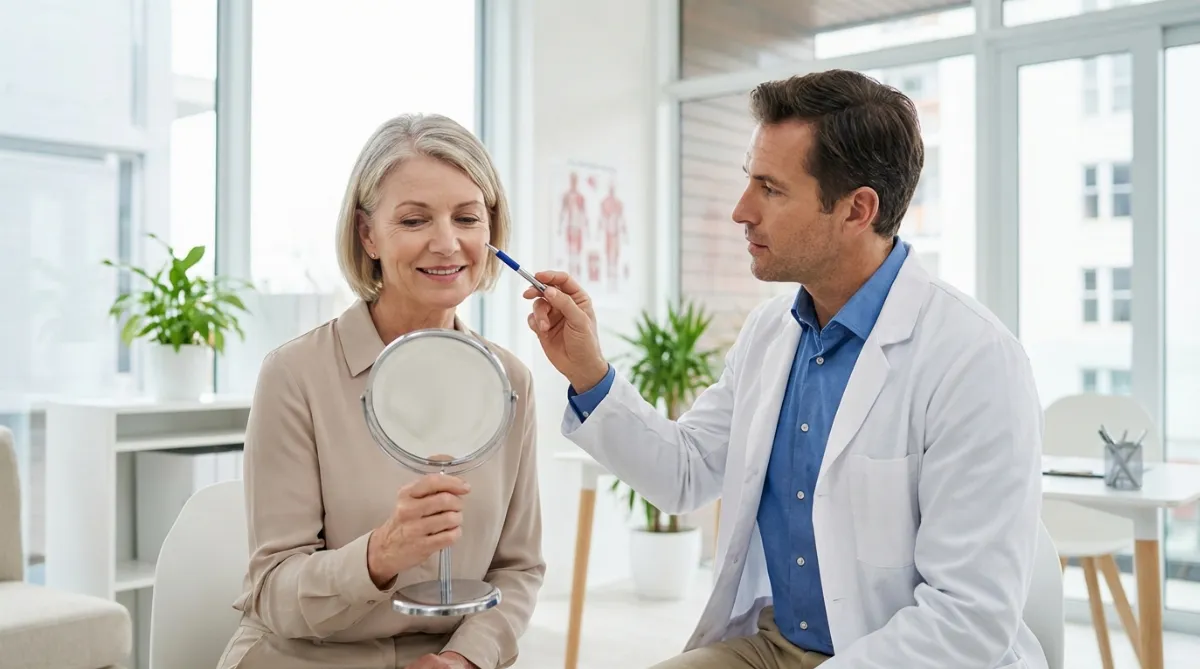 Estetski strokovnjak in pacientka se pogovarjata v sodobni in svetli ambulanti o možnostih pomlajevanja.